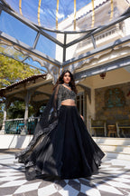 Lorenvalley Black Star Satin Plain Lehenga with Pearl Coding And Sequins Embroidery Work Choli and Dupatta