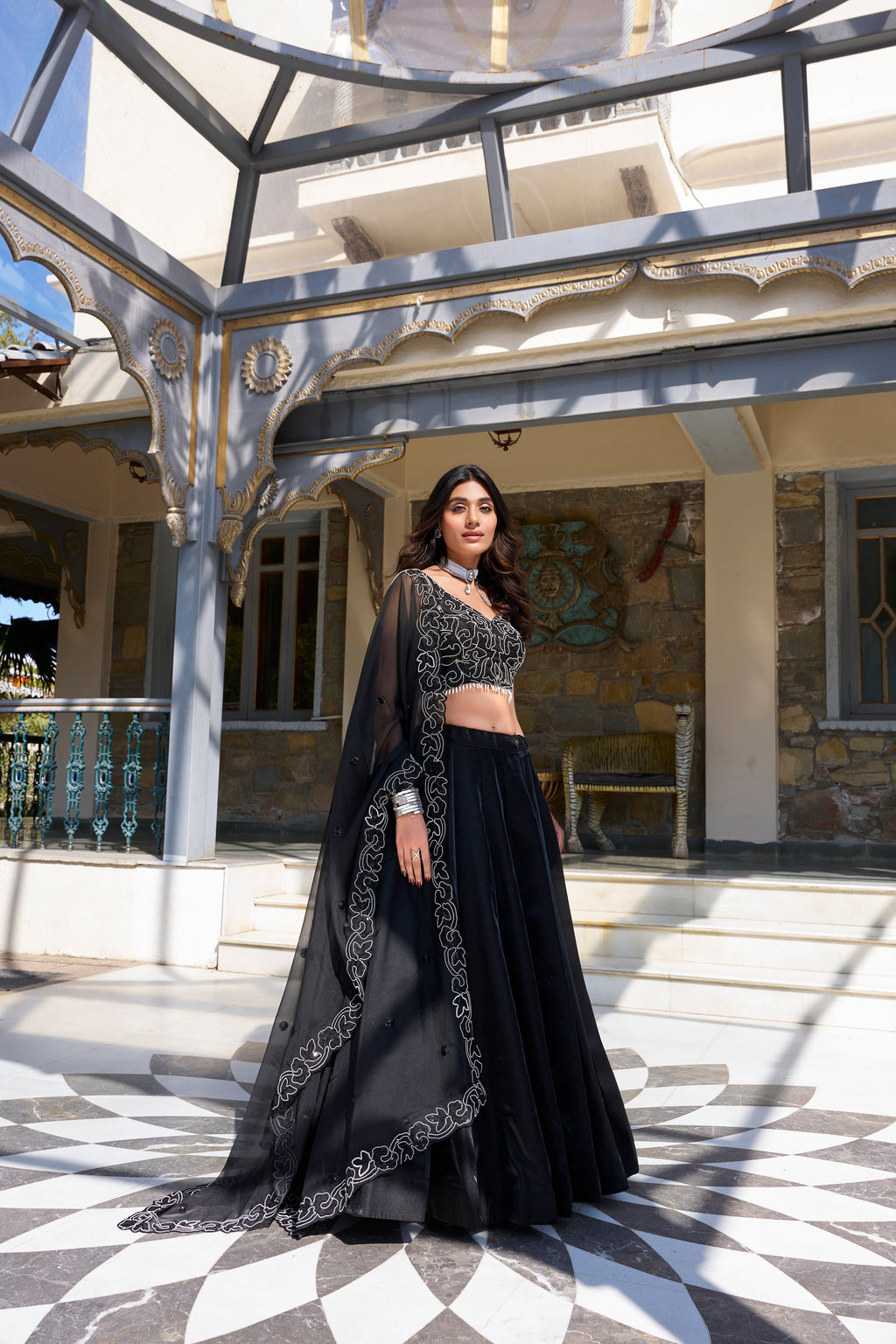 Lorenvalley Black Star Satin Plain Lehenga with Pearl Coding And Sequins Embroidery Work Choli and Dupatta