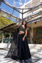 Lorenvalley Black Star Satin Plain Lehenga with Pearl Coding And Sequins Embroidery Work Choli and Dupatta