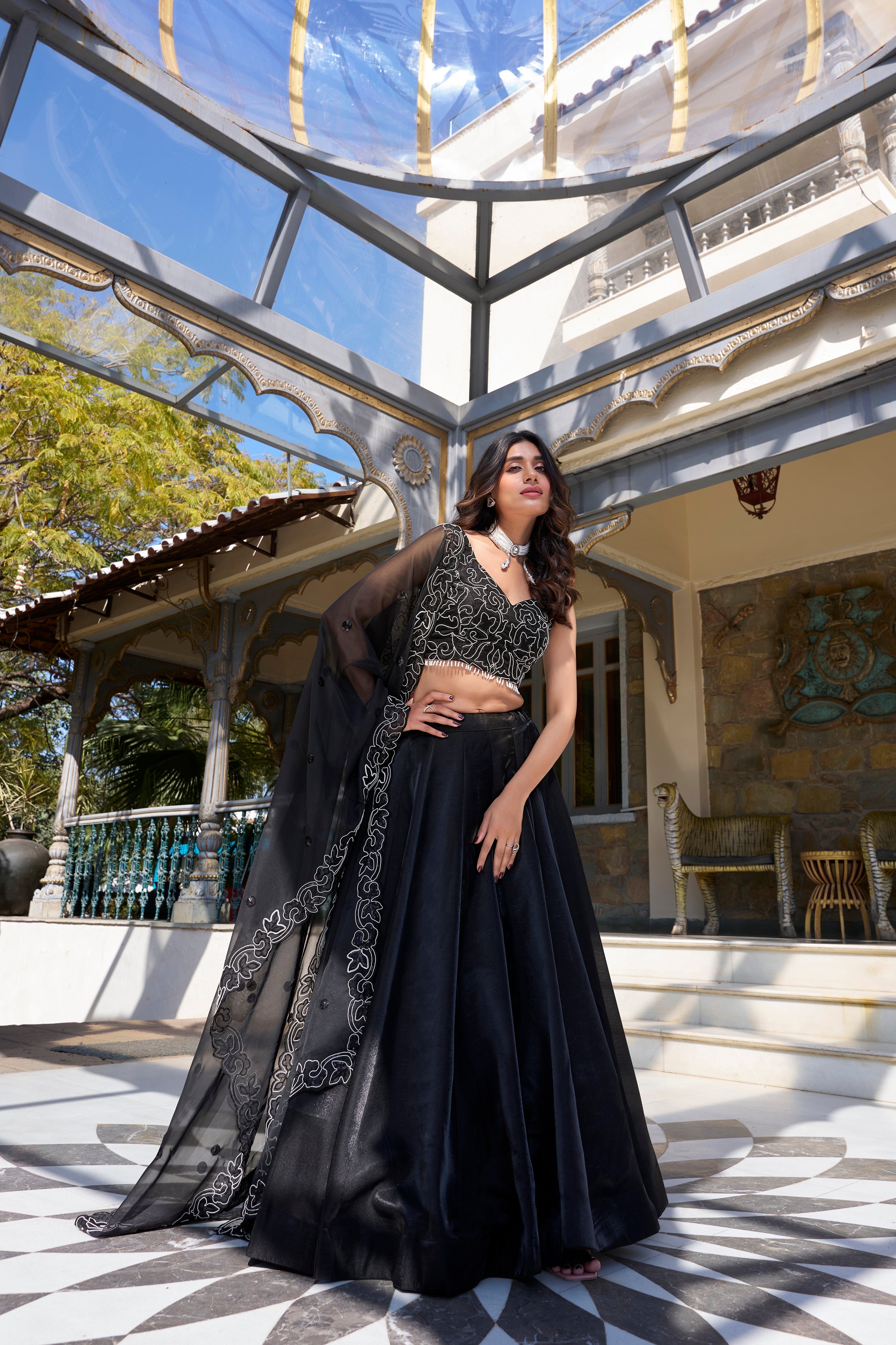 Lorenvalley Black Star Satin Plain Lehenga with Pearl Coding And Sequins Embroidery Work Choli and Dupatta