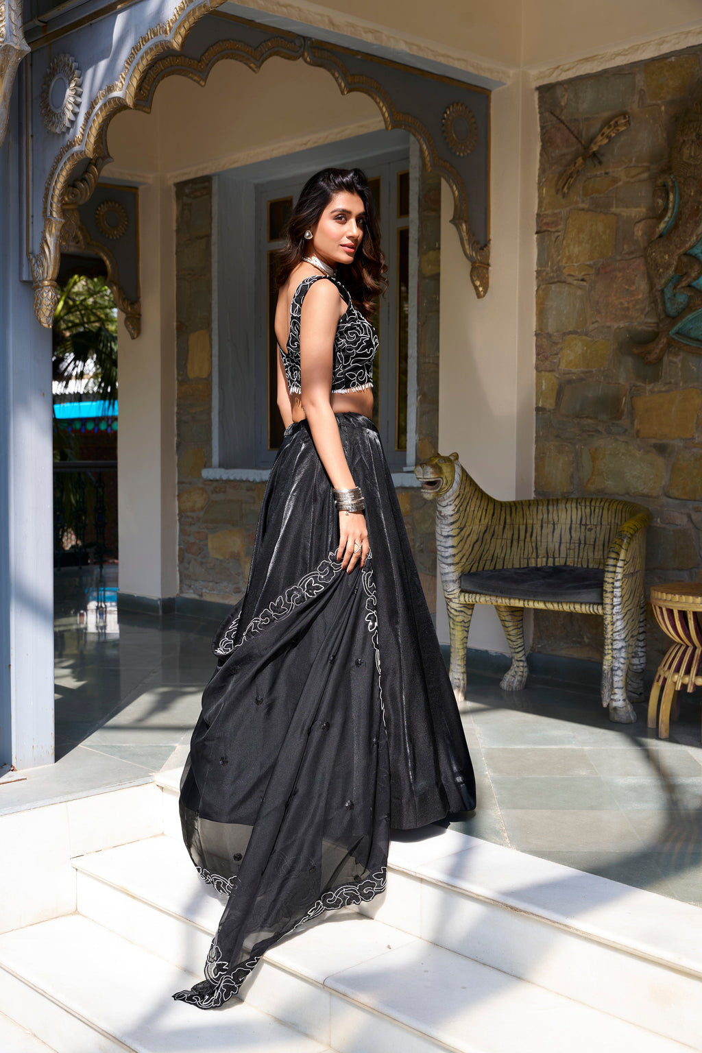 Lorenvalley Black Star Satin Plain Lehenga with Pearl Coding And Sequins Embroidery Work Choli and Dupatta