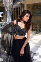 Lorenvalley Black Star Satin Plain Lehenga with Pearl Coding And Sequins Embroidery Work Choli and Dupatta