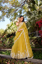 Lorenvalley Yellow Gold Crush Fabric Sequins and Thread Embroidery Work Lehenga Choli