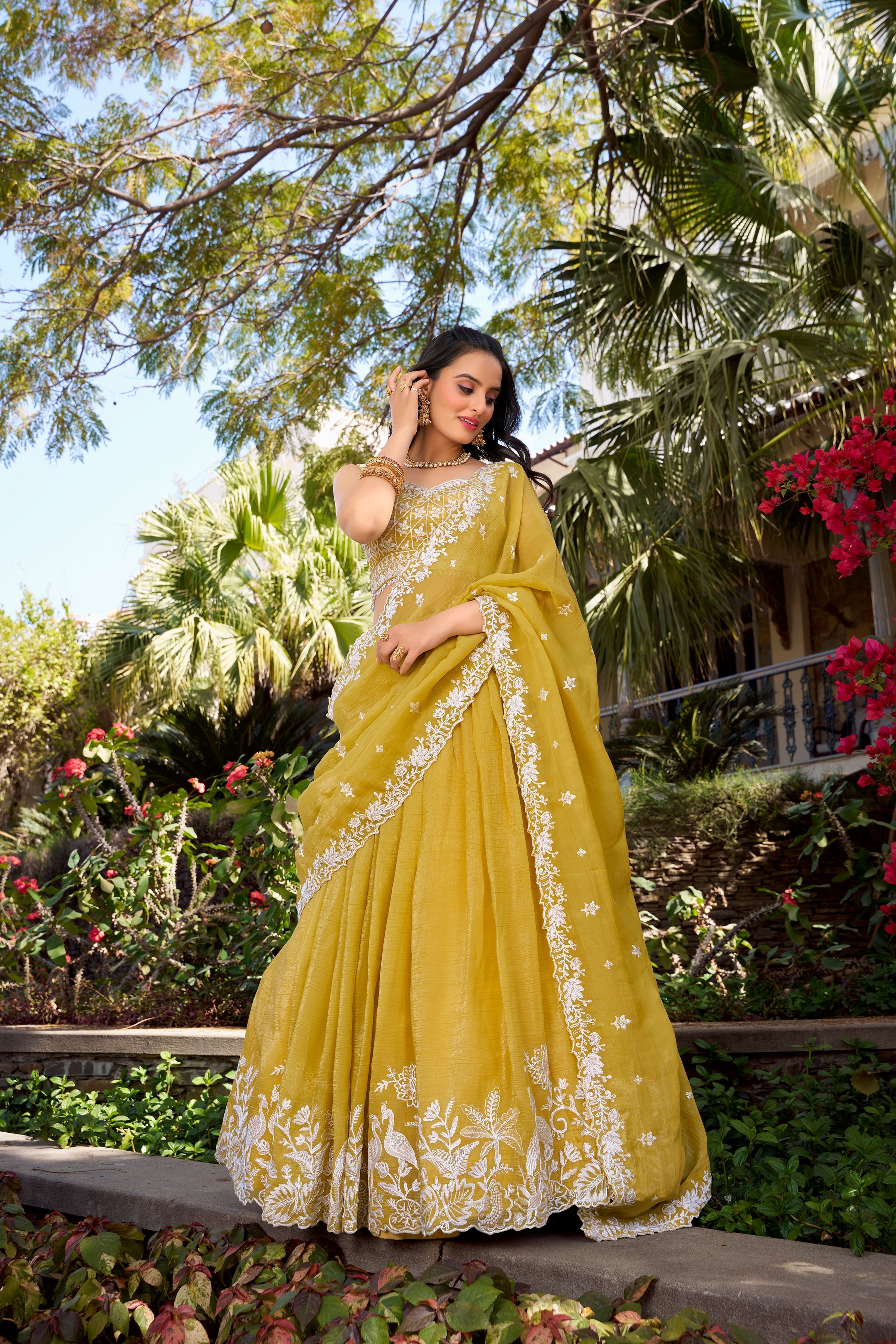 Lorenvalley Yellow Gold Crush Fabric Sequins and Thread Embroidery Work Lehenga Choli