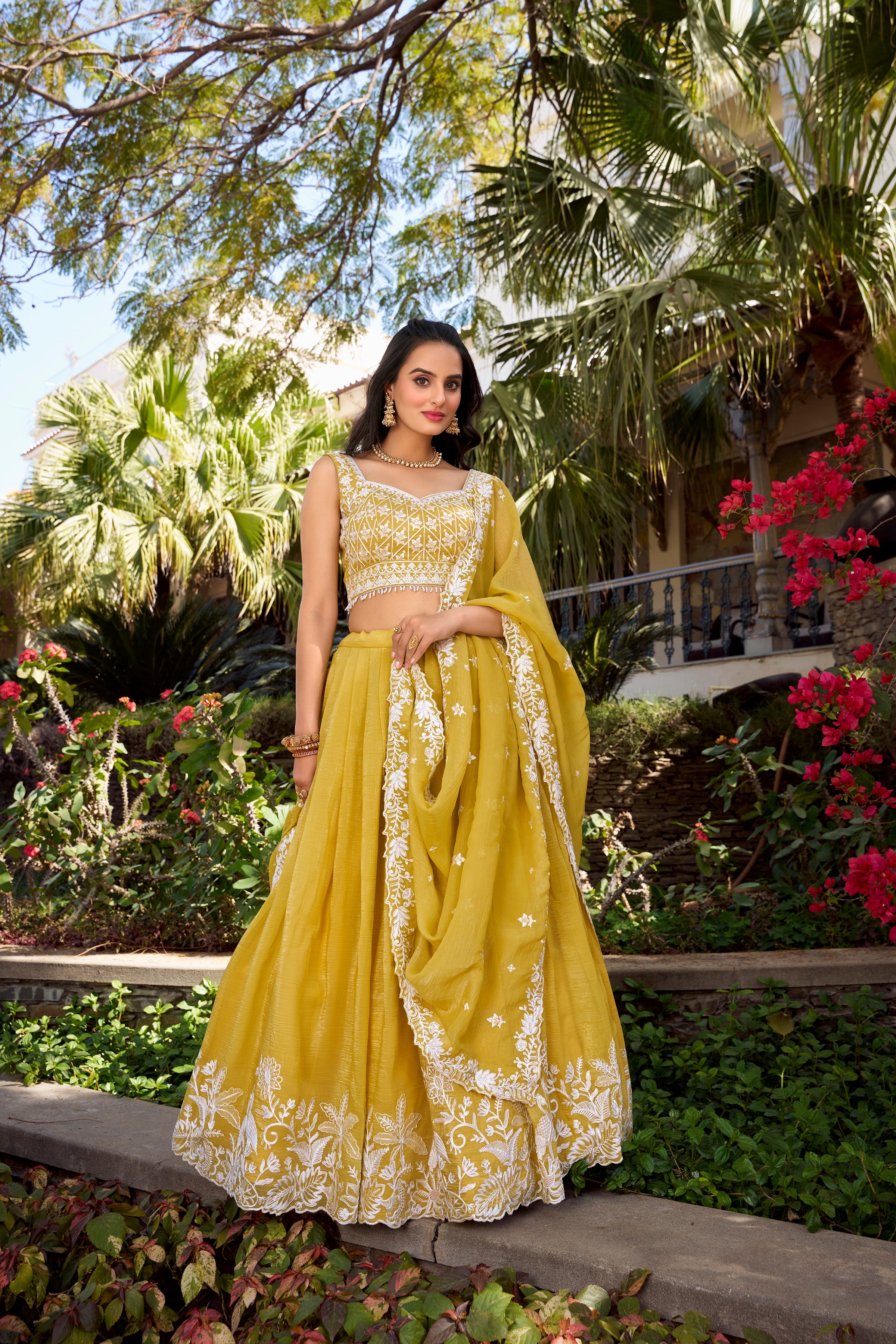 Lorenvalley Yellow Gold Crush Fabric Sequins and Thread Embroidery Work Lehenga Choli