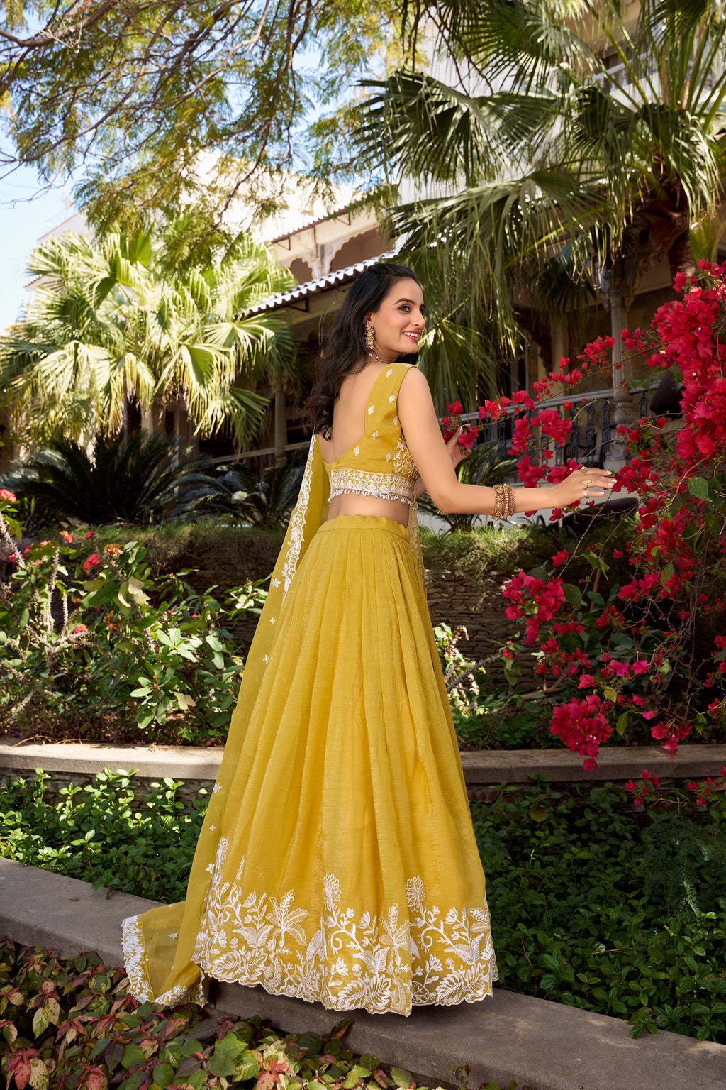 Lorenvalley Yellow Gold Crush Fabric Sequins and Thread Embroidery Work Lehenga Choli