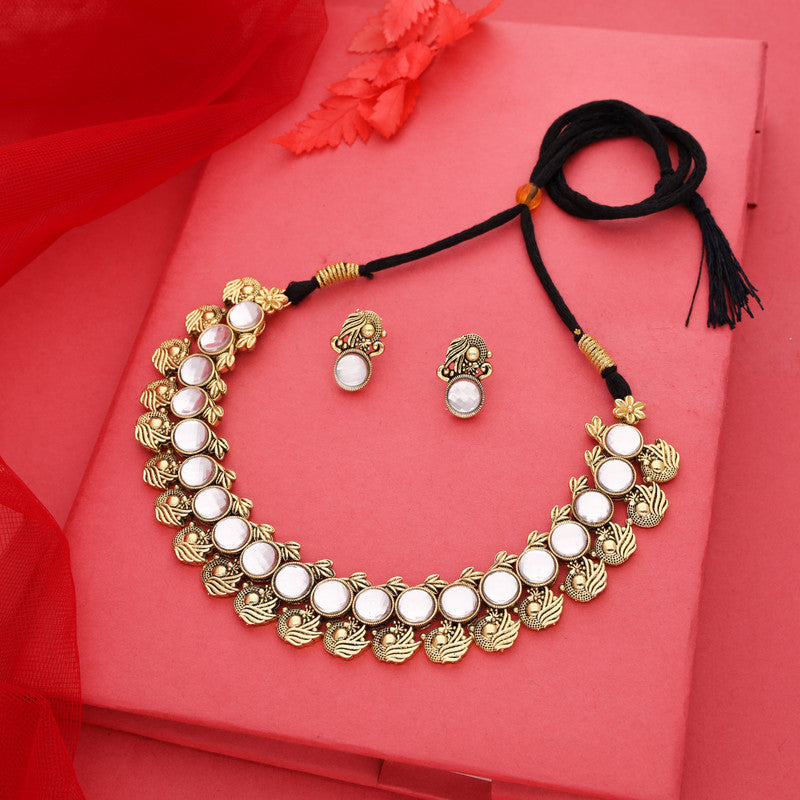 Tehzeeb Creations White Colour Gold-Polished Stone Jewellery Choker Necklace Set With Matching Pair of Stud Earrings