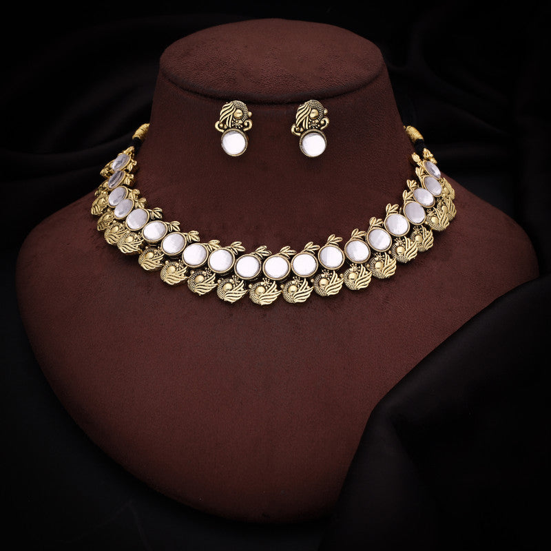 Tehzeeb Creations White Colour Gold-Polished Stone Jewellery Choker Necklace Set With Matching Pair of Stud Earrings