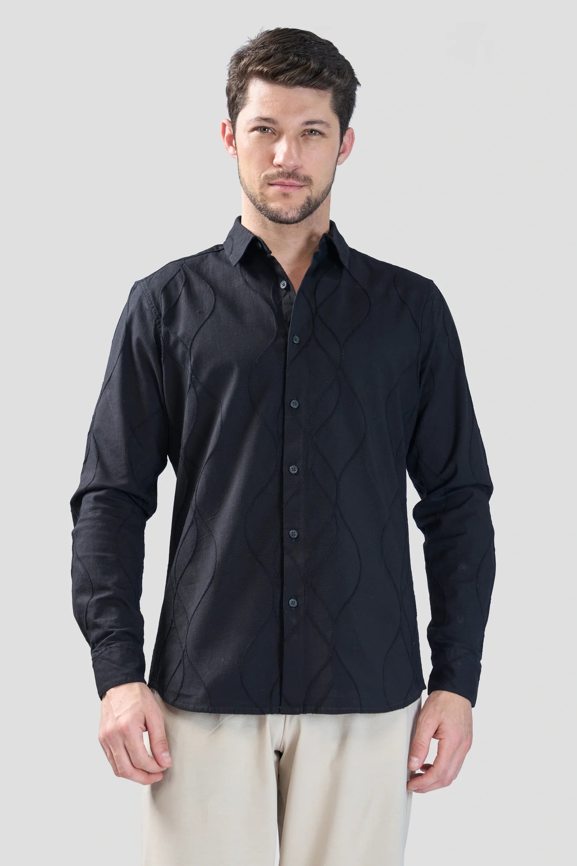 Xkind Black Embroidery Full Sleeve Slim Fit Shirt