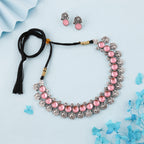 Tehzeeb Creations Silver Plated Pink Colour Stone Jewellery Choker Necklace Set With Matching Pair of Stud Earrings