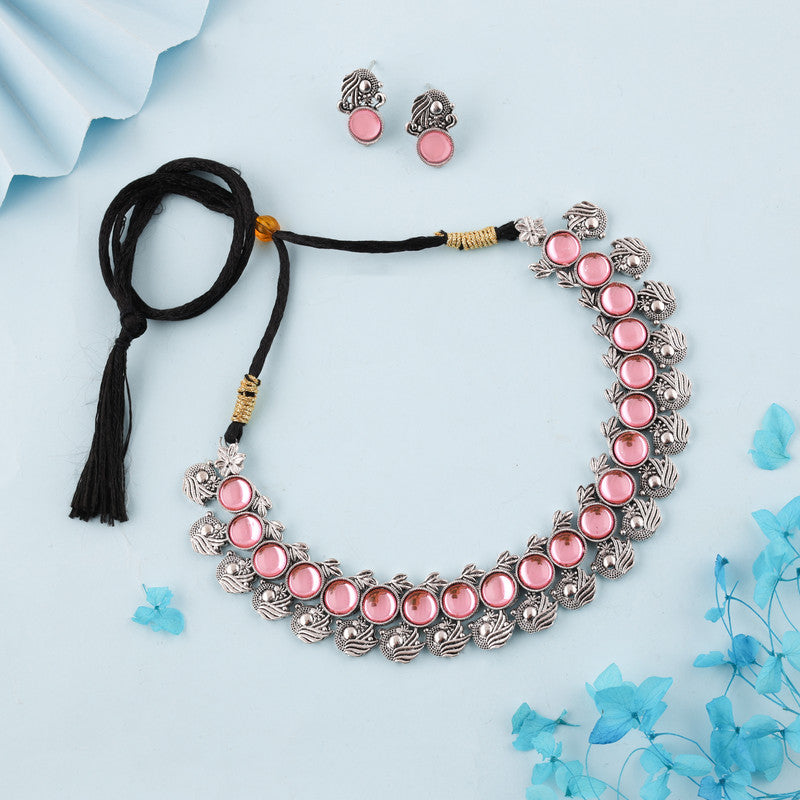 Tehzeeb Creations Silver Plated Pink Colour Stone Jewellery Choker Necklace Set With Matching Pair of Stud Earrings