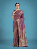 Monjolika Fashion Dark Purple Color Baanrasi Satin Silk Saree for Wedding Functions - Distacart