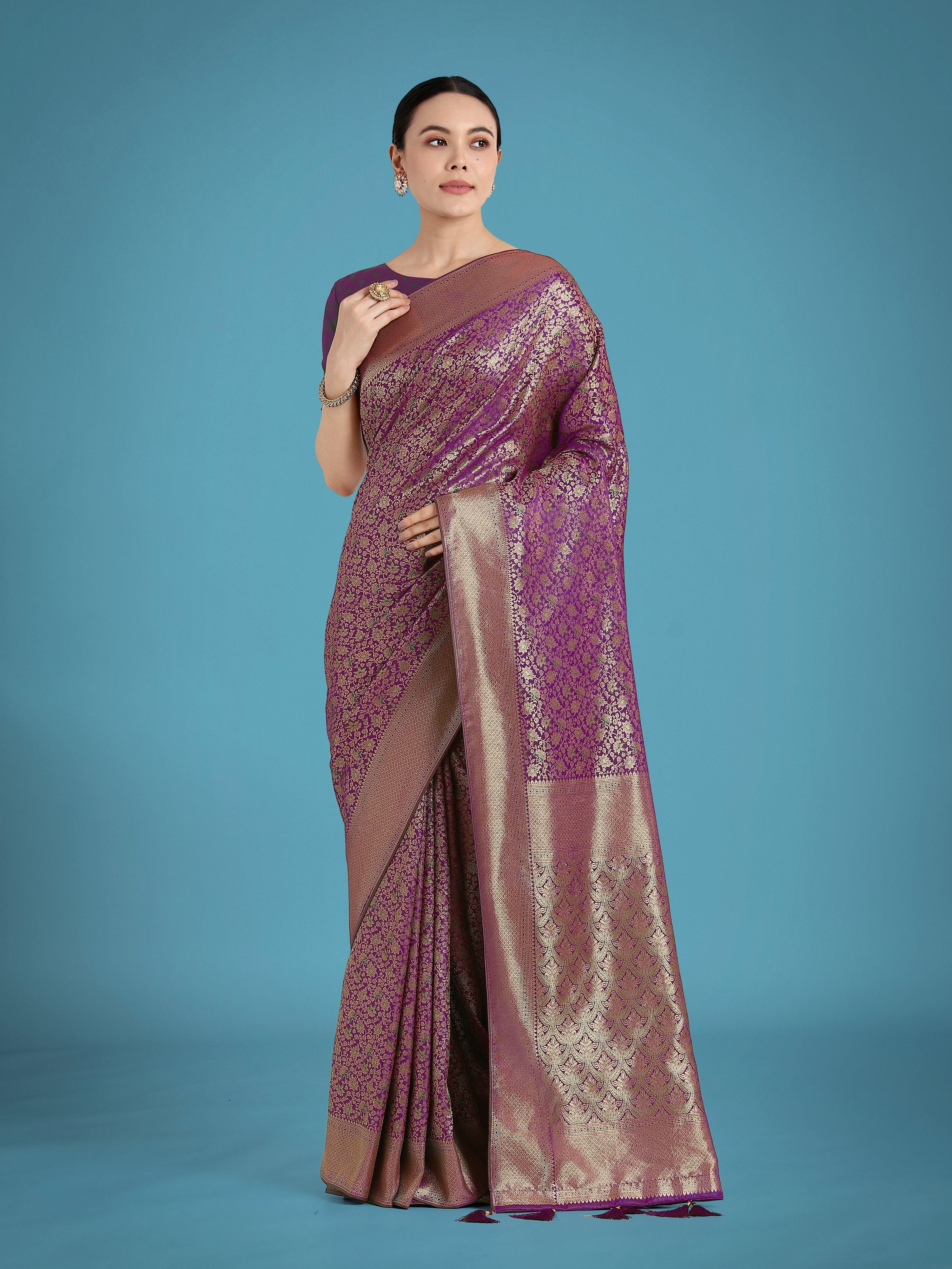 Monjolika Fashion Dark Purple Color Baanrasi Satin Silk Saree for Wedding Functions - Distacart