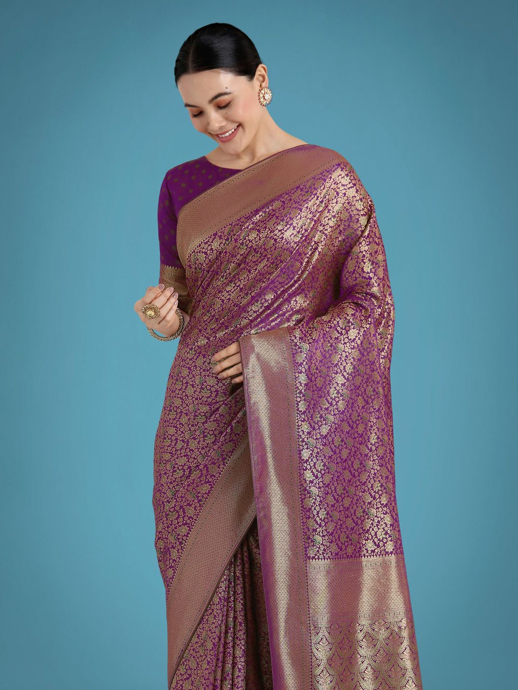 Monjolika Fashion Dark Purple Color Baanrasi Satin Silk Saree for Wedding Functions - Distacart