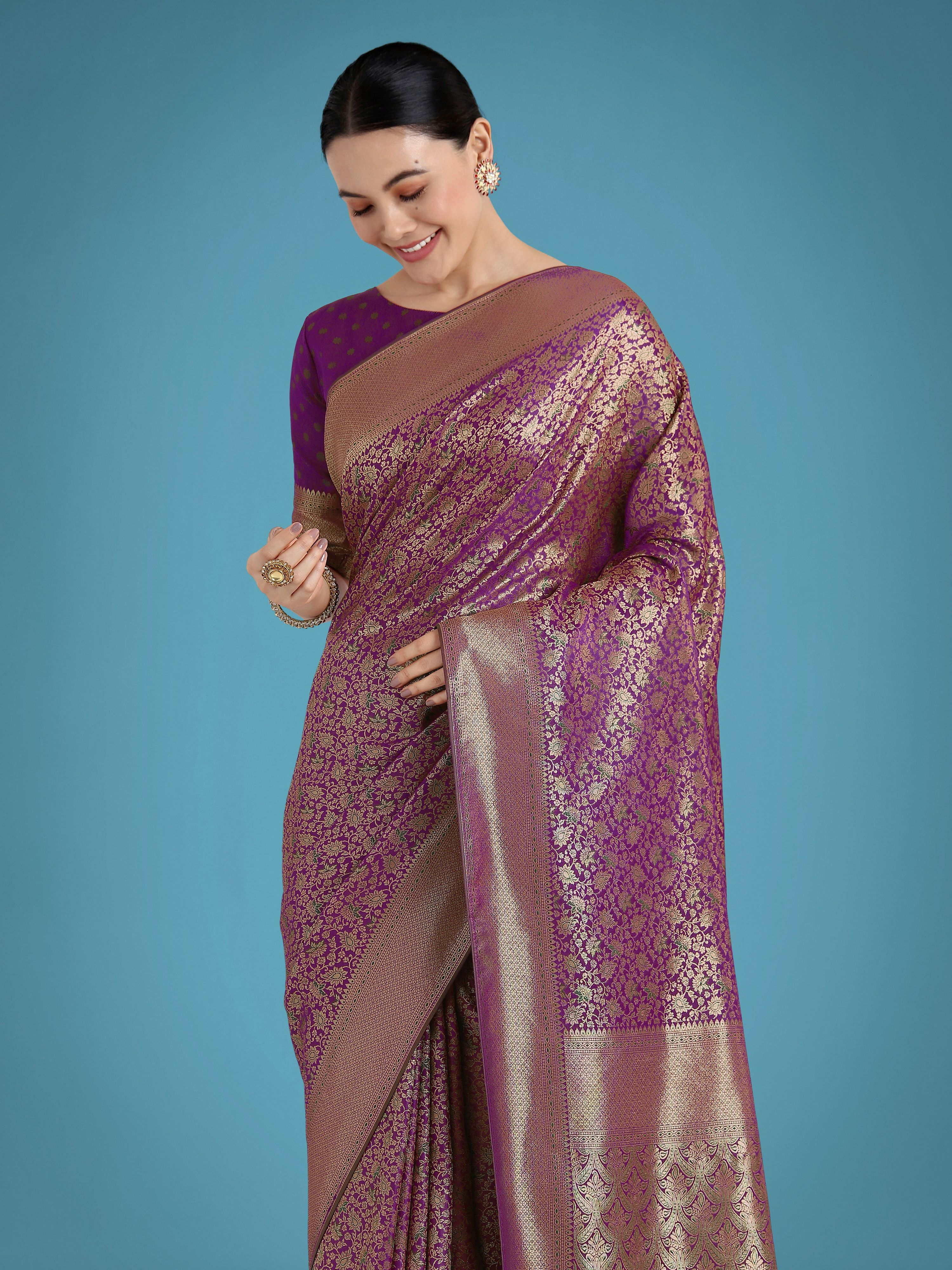 Monjolika Fashion Dark Purple Color Baanrasi Satin Silk Saree for Wedding Functions - Distacart