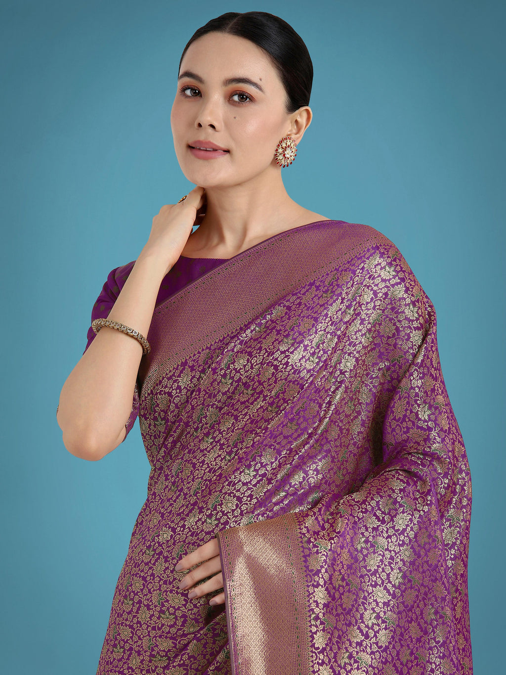 Monjolika Fashion Dark Purple Color Baanrasi Satin Silk Saree for Wedding Functions - Distacart