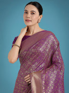 Monjolika Fashion Dark Purple Color Baanrasi Satin Silk Saree for Wedding Functions - Distacart
