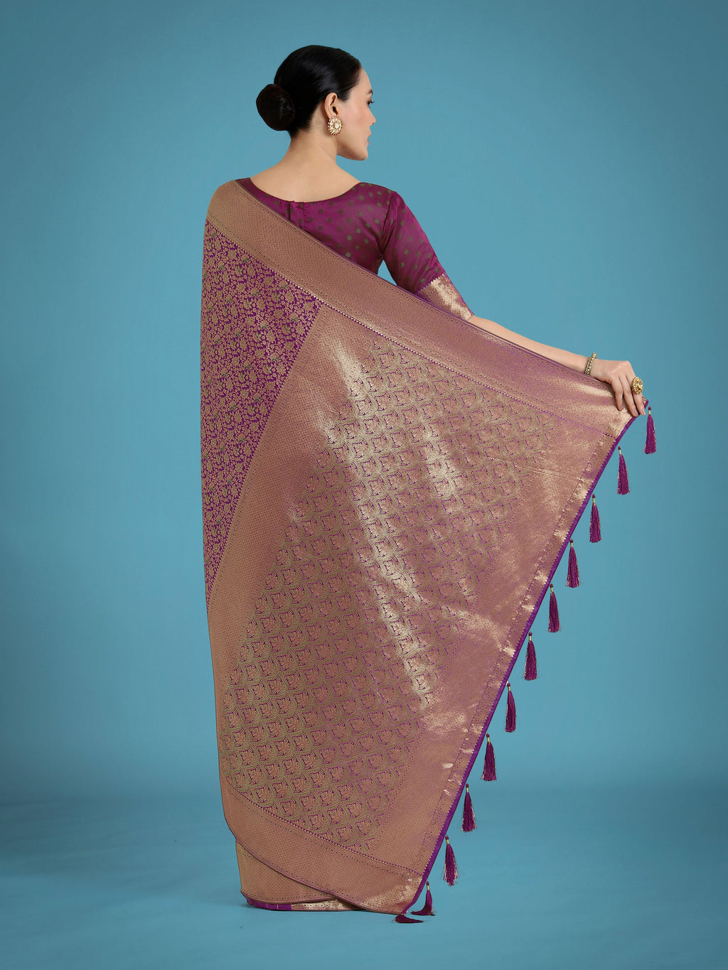Monjolika Fashion Dark Purple Color Baanrasi Satin Silk Saree for Wedding Functions - Distacart