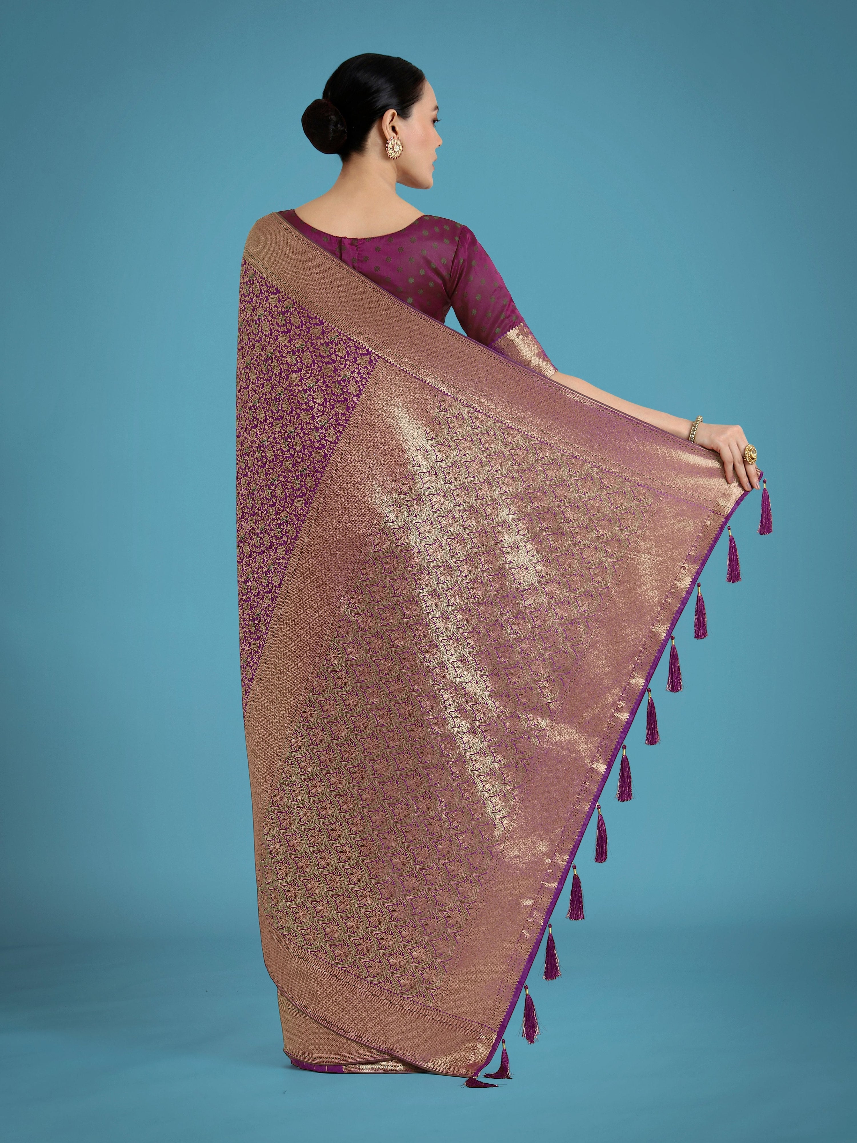 Monjolika Fashion Dark Purple Color Baanrasi Satin Silk Saree for Wedding Functions - Distacart
