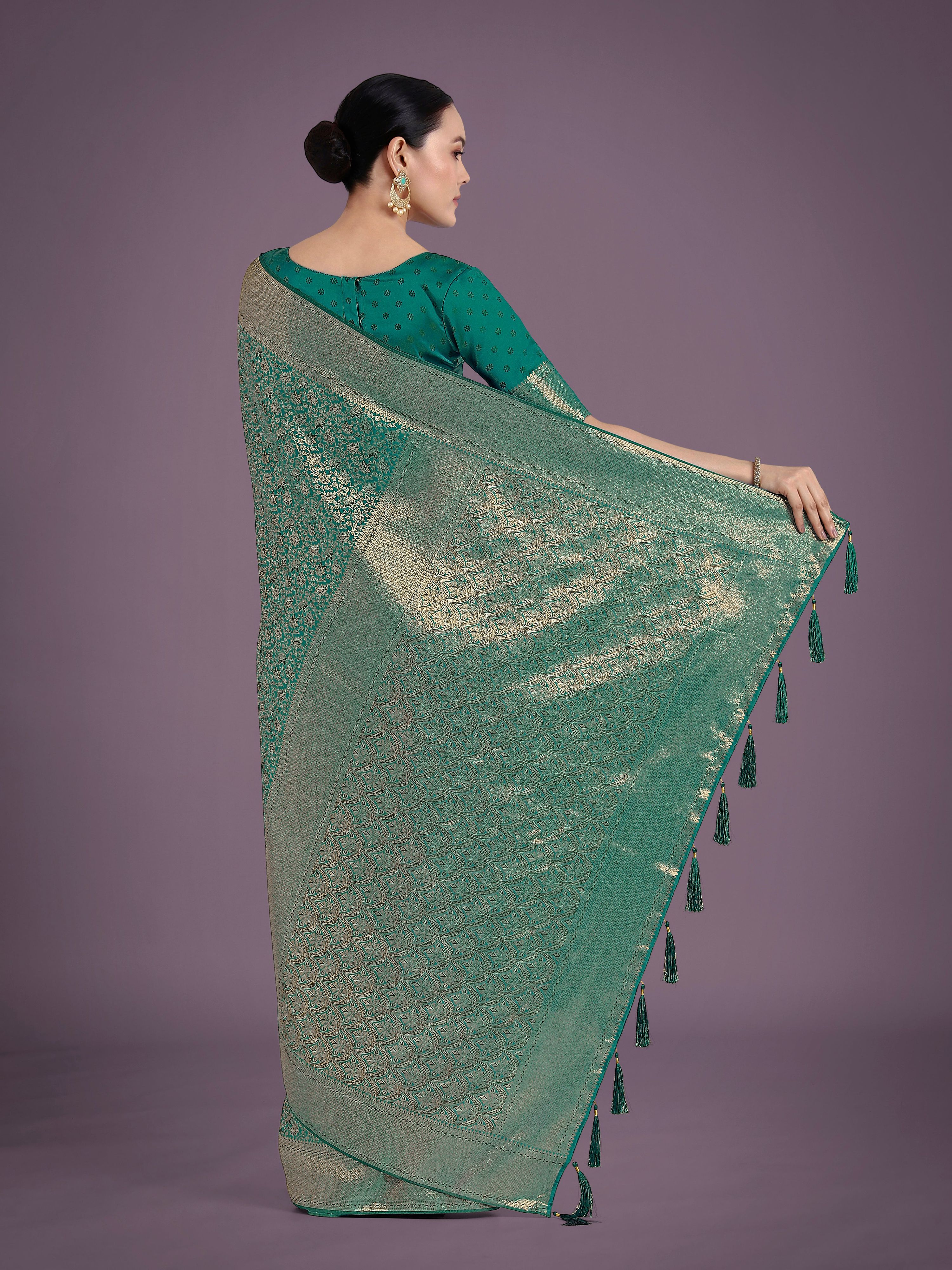 Monjolika Fashion Teal Color Baanrasi Satin Silk Saree for Wedding Functions - Distacart