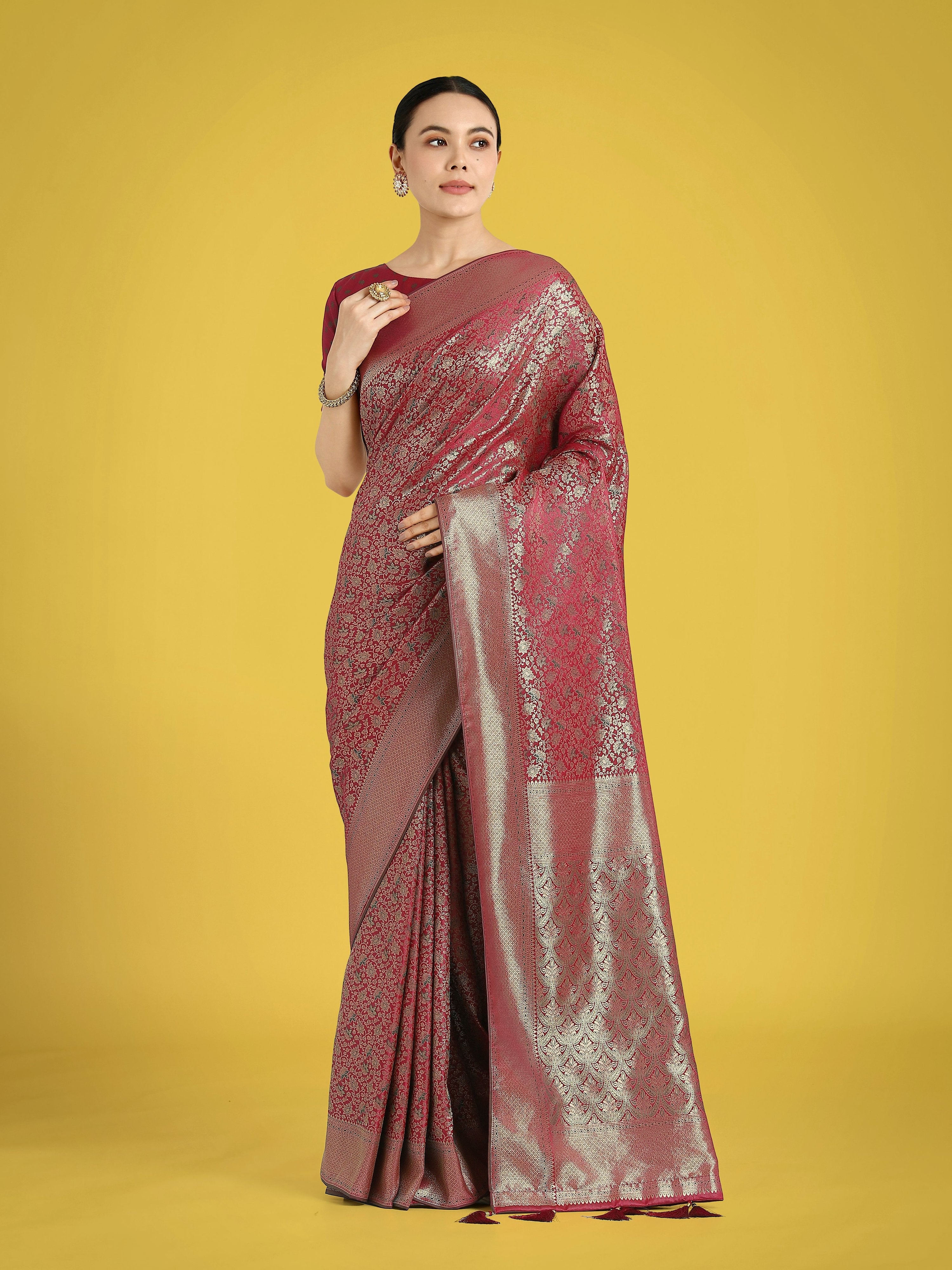 Monjolika Fashion Maroon Color Baanrasi Satin Silk Saree for Wedding Functions
