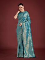 Monjolika Fashion Dusty Cyan Color Baanrasi Satin Silk Saree for Wedding Functions