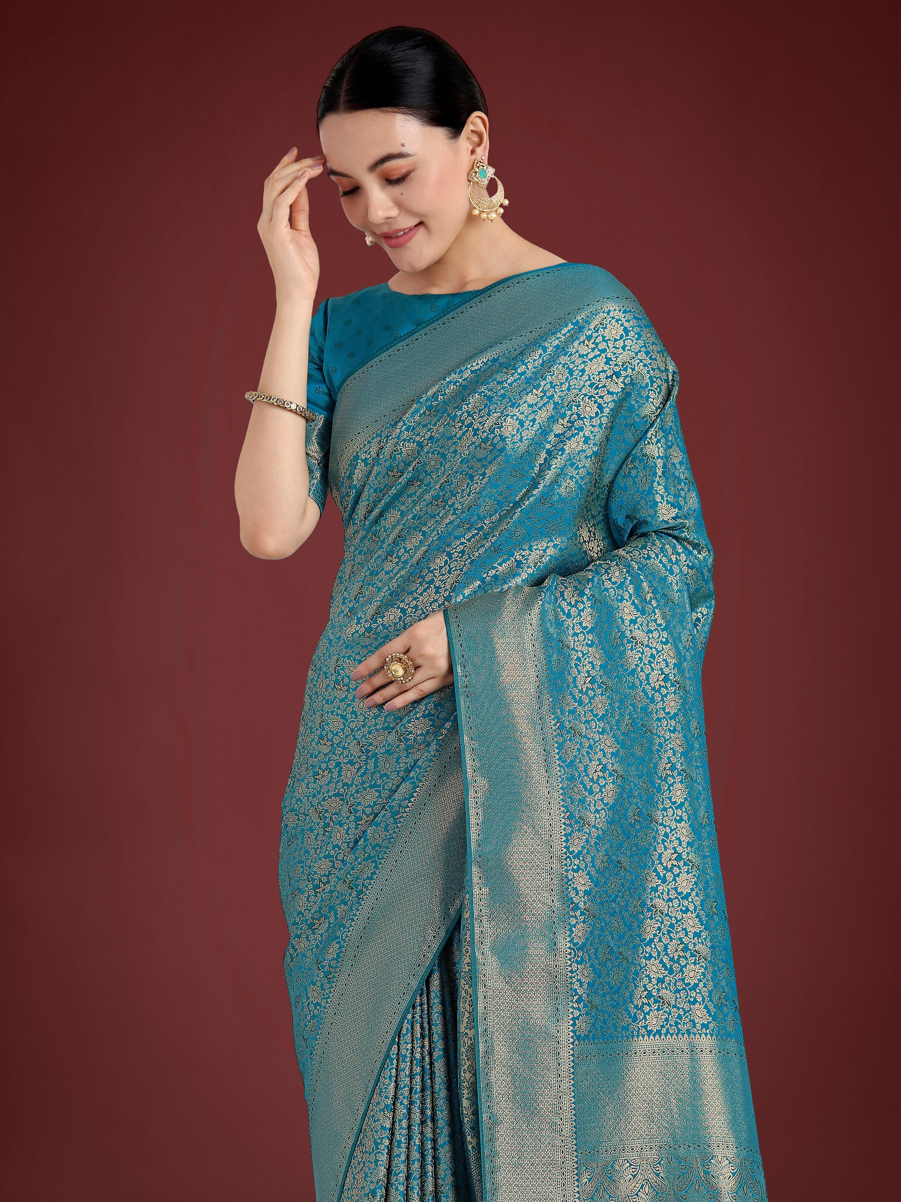Monjolika Fashion Dusty Cyan Color Baanrasi Satin Silk Saree for Wedding Functions