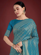 Monjolika Fashion Dusty Cyan Color Baanrasi Satin Silk Saree for Wedding Functions