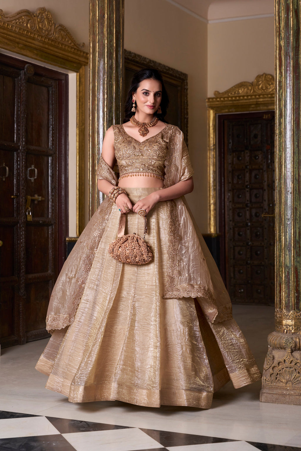 Lorenvalley Chiku Gold Crush Plain Lehenga Choli Embroidery Work with Dupatta
