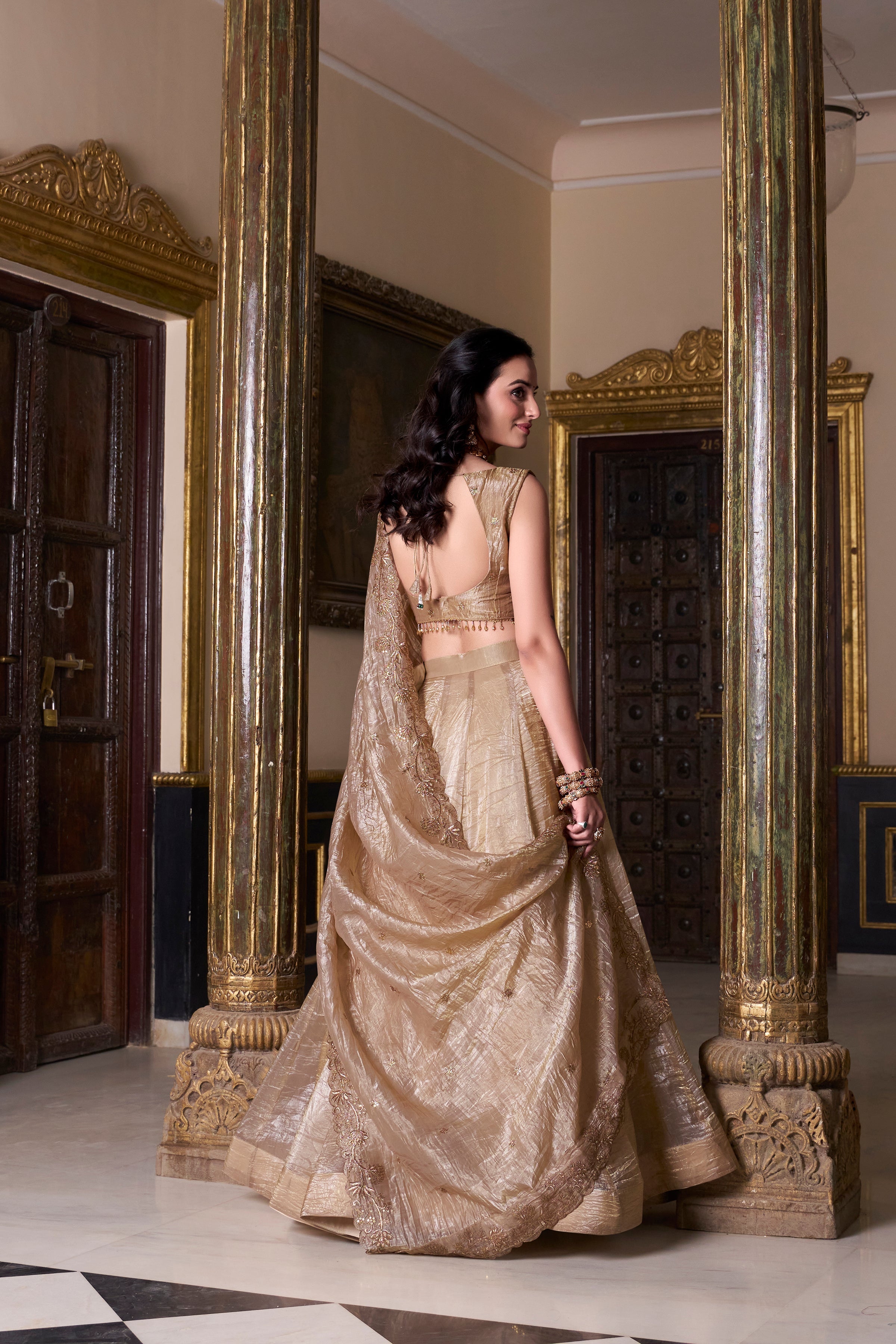 Lorenvalley Chiku Gold Crush Plain Lehenga Choli Embroidery Work with Dupatta