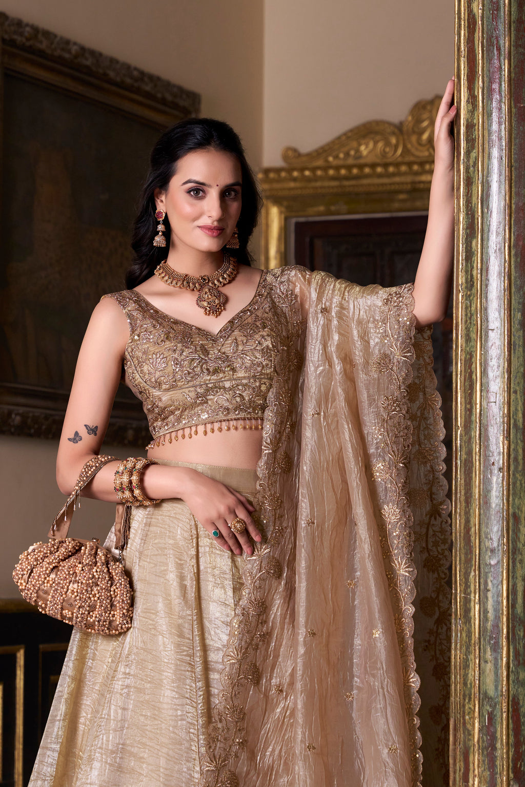 Lorenvalley Chiku Gold Crush Plain Lehenga Choli Embroidery Work with Dupatta