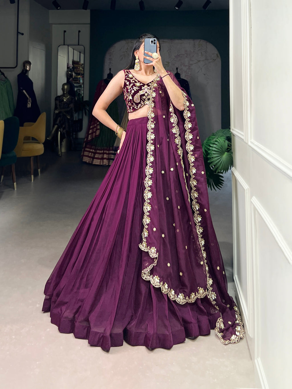 Lorenvalley Wine Organza Plain Lehenga Choli Embroidery Work with Dupatta