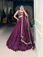Lorenvalley Wine Organza Plain Lehenga Choli Embroidery Work with Dupatta