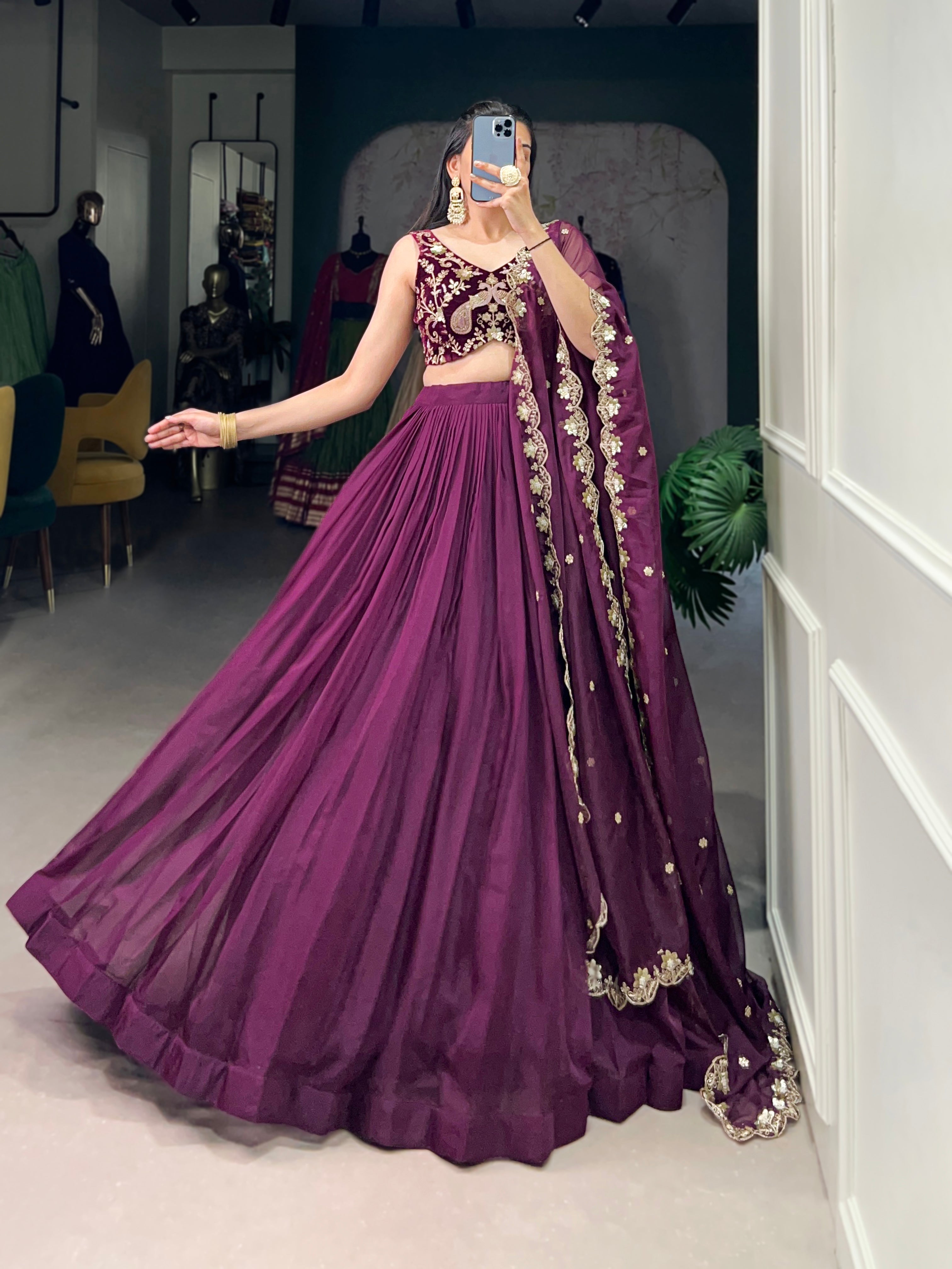 Lorenvalley Wine Organza Plain Lehenga Choli Embroidery Work with Dupatta