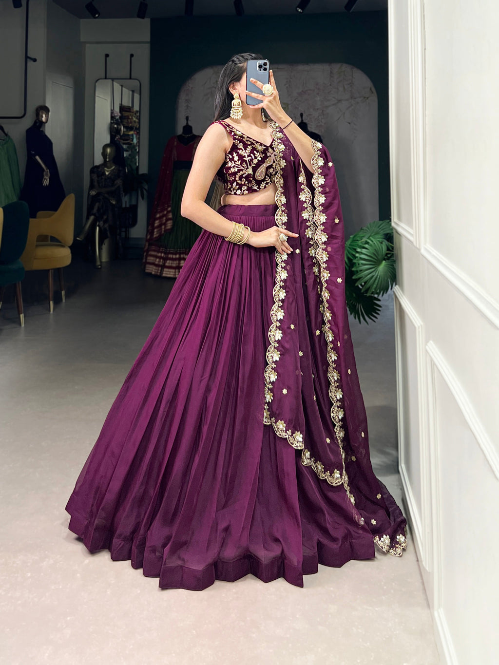Lorenvalley Wine Organza Plain Lehenga Choli Embroidery Work with Dupatta