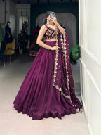 Lorenvalley Wine Organza Plain Lehenga Choli Embroidery Work with Dupatta