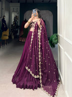 Lorenvalley Wine Organza Plain Lehenga Choli Embroidery Work with Dupatta