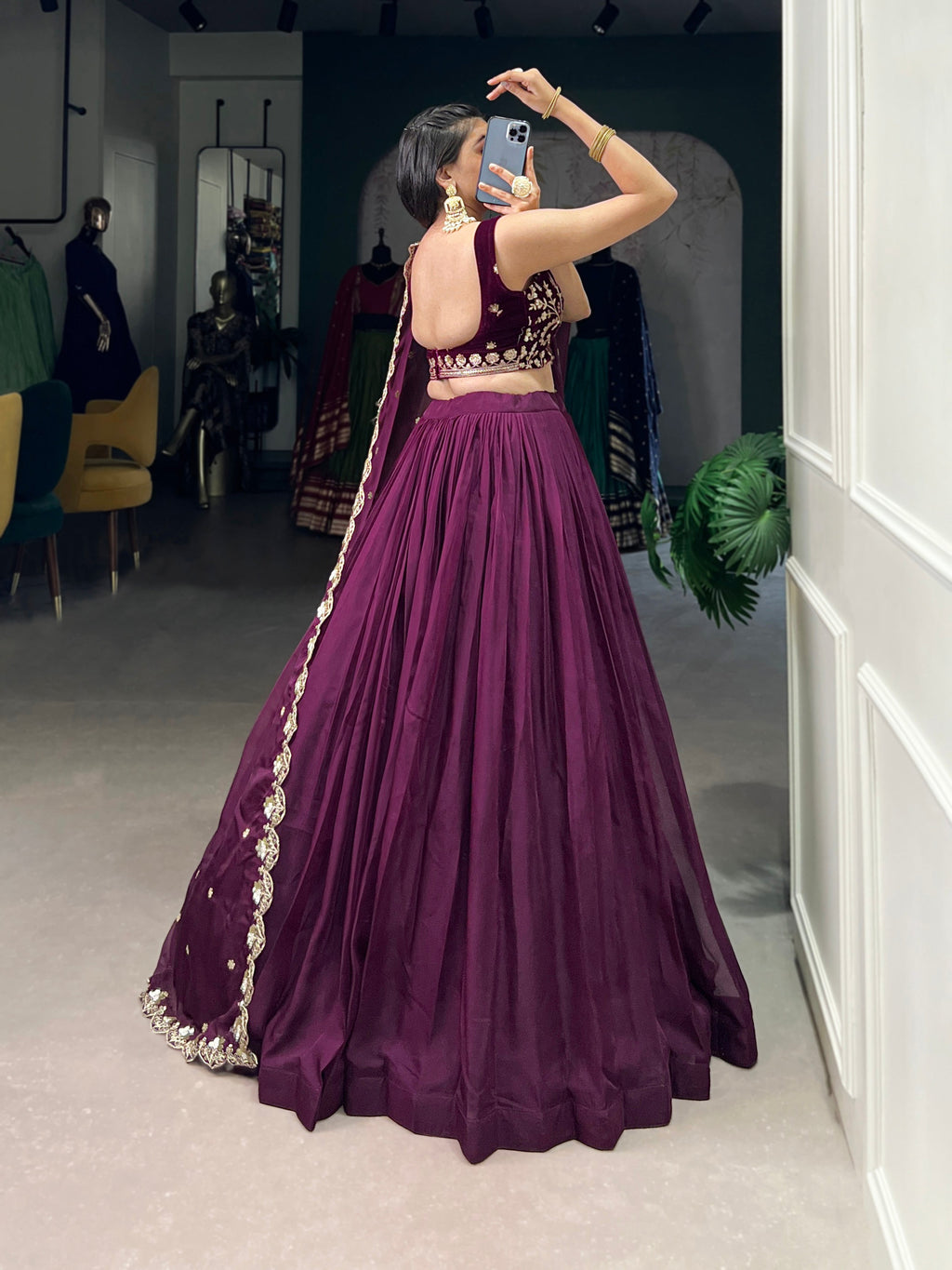 Lorenvalley Wine Organza Plain Lehenga Choli Embroidery Work with Dupatta