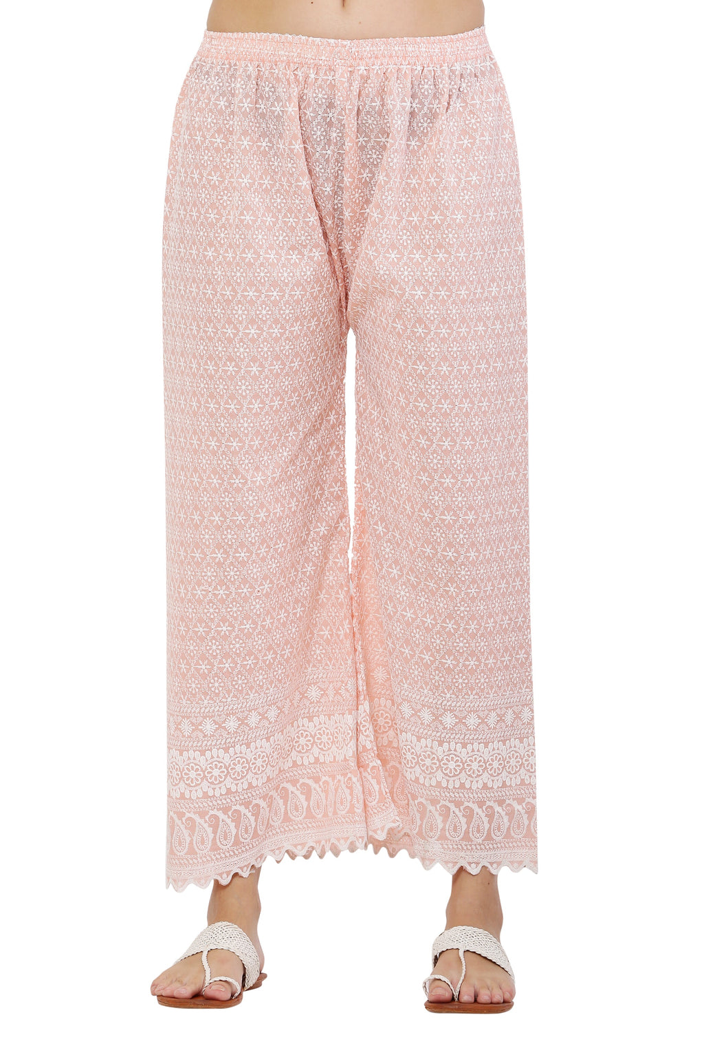 PAVONINE Peach Color Full Thread Chikankari Cotton Fabric Palazzo For Women - Distacart