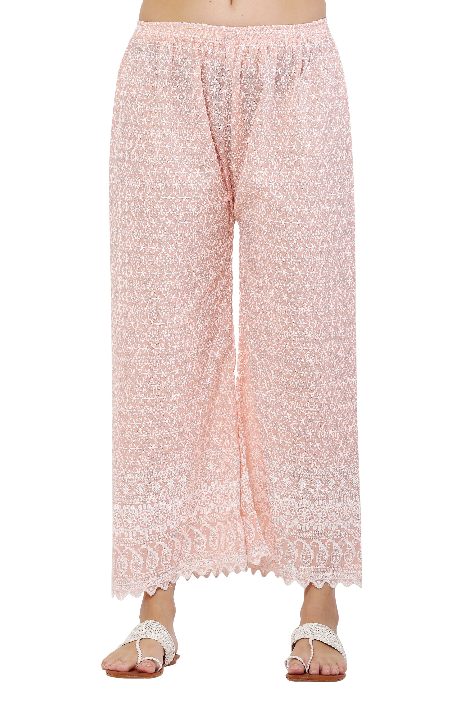 PAVONINE Peach Color Full Thread Chikankari Cotton Fabric Palazzo For Women - Distacart