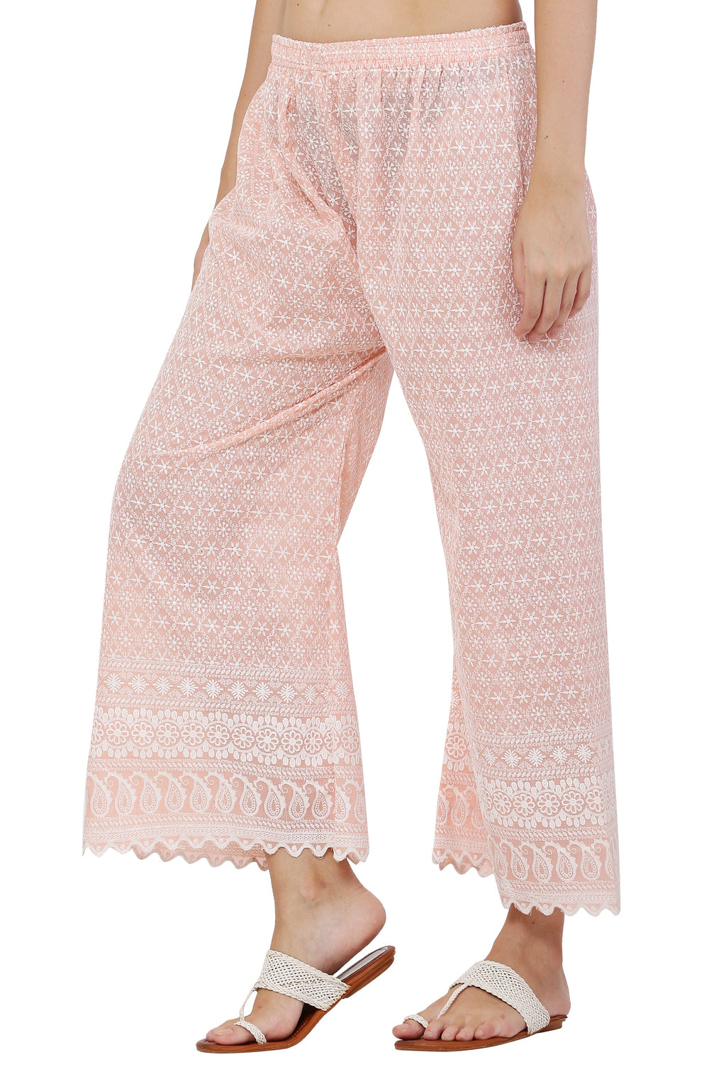 PAVONINE Peach Color Full Thread Chikankari Cotton Fabric Palazzo For Women - Distacart