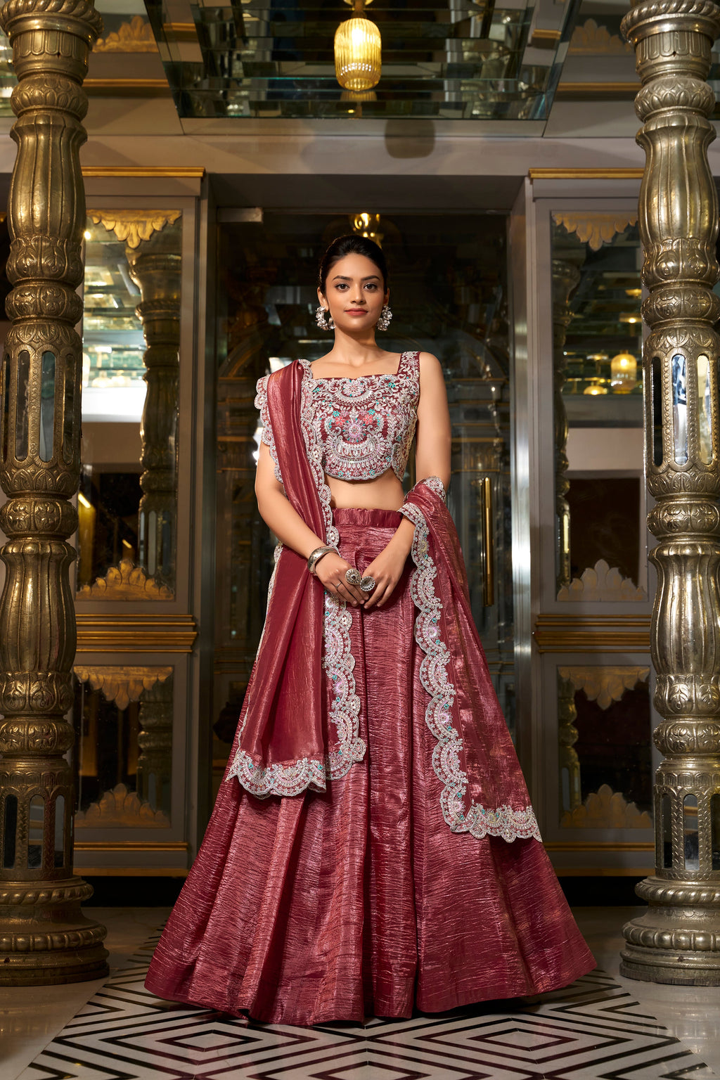 Lorenvalley Rust Gold Crush Fabric Plain Lehenga with Sequins and Thread Embroidery with Jarkan Diamond Work Choli and Dupatta