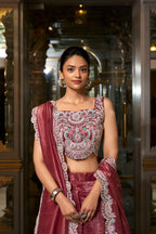 Lorenvalley Rust Gold Crush Fabric Plain Lehenga with Sequins and Thread Embroidery with Jarkan Diamond Work Choli and Dupatta