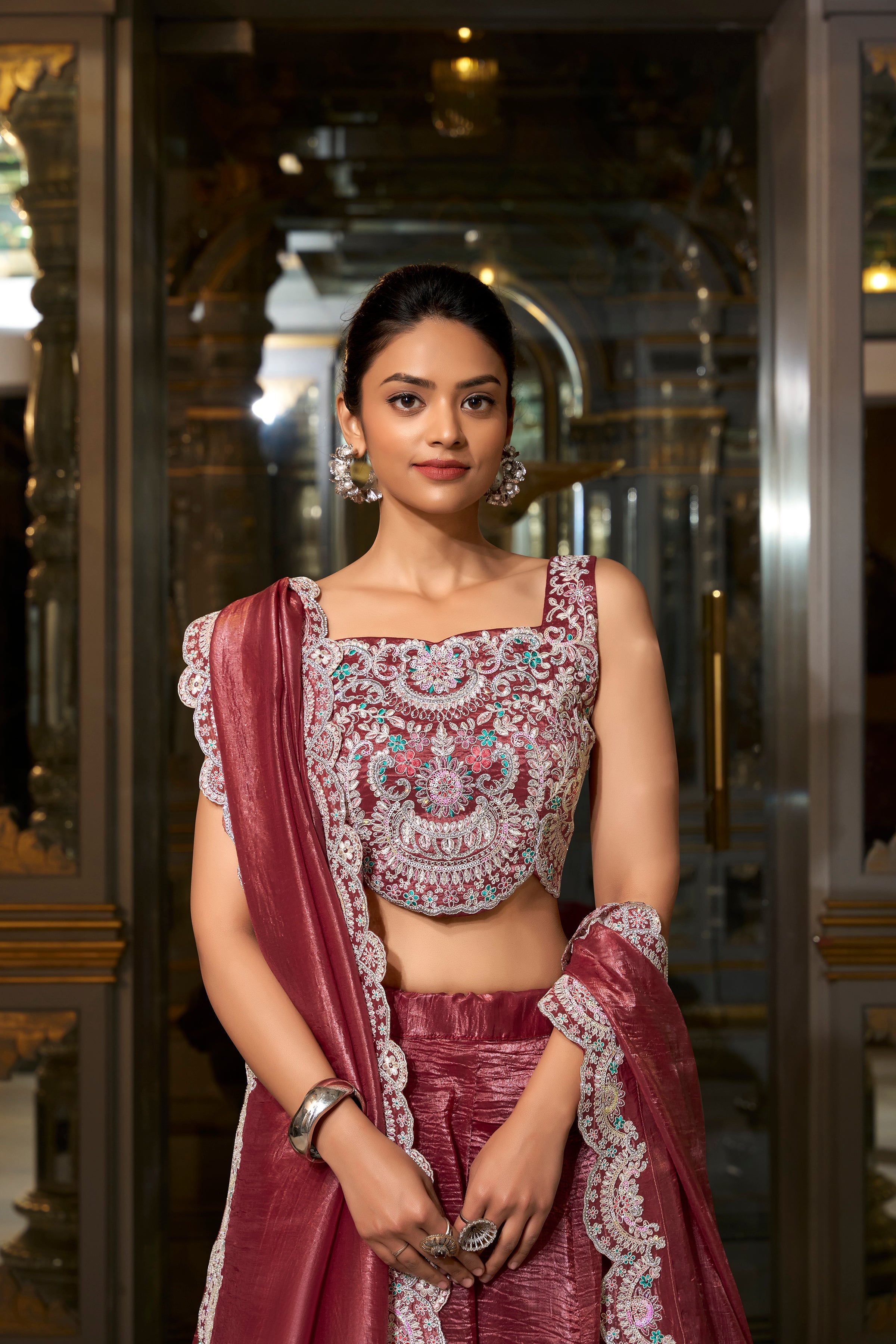 Lorenvalley Rust Gold Crush Fabric Plain Lehenga with Sequins and Thread Embroidery with Jarkan Diamond Work Choli and Dupatta