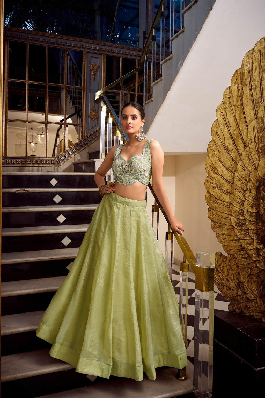 Lorenvalley Parrot Green Gold Crush Fabric Plain Lehenga with Sequins and Thread Embroidery with Jarkan Diamond Work Choli and Dupatta