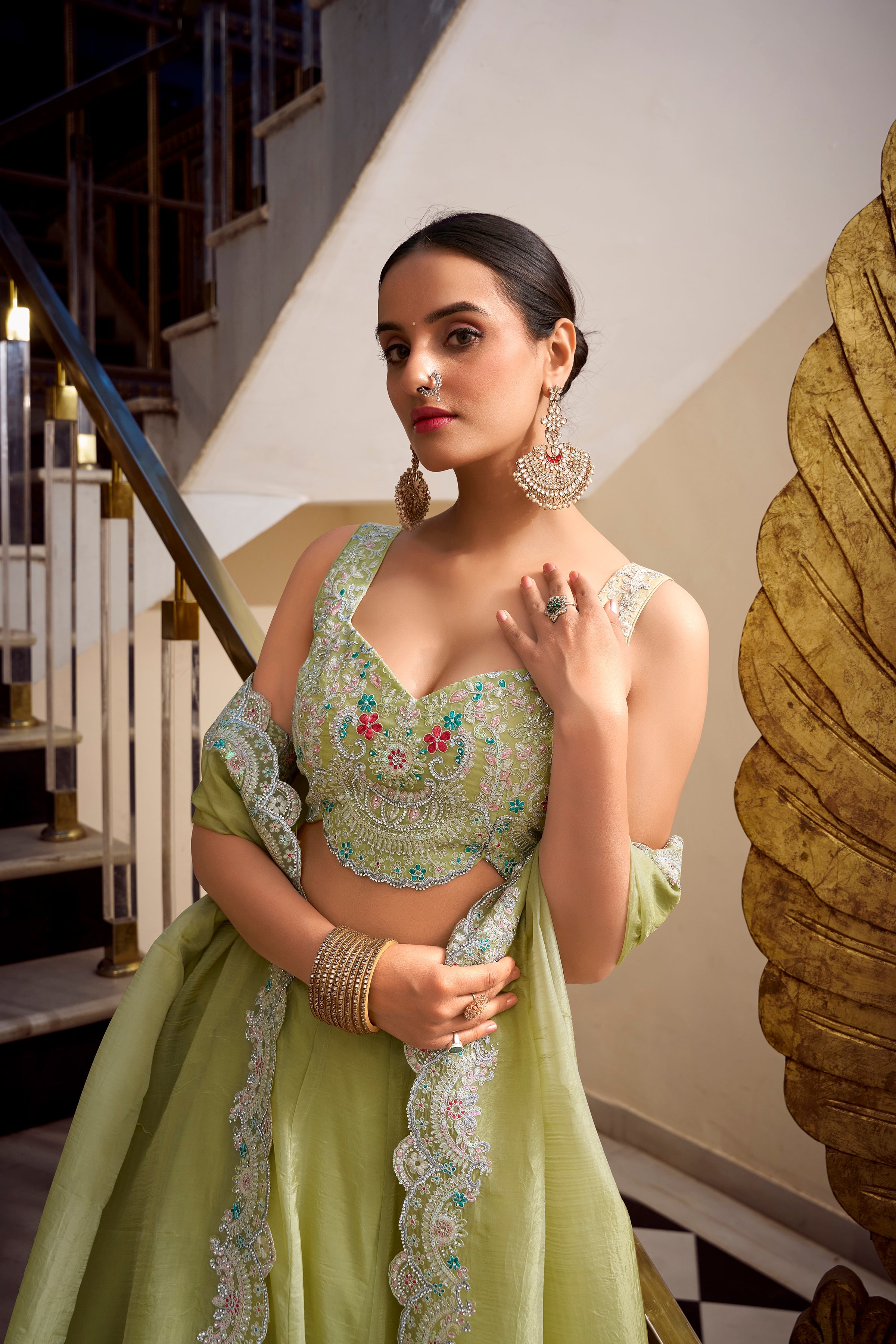 Lorenvalley Parrot Green Gold Crush Fabric Plain Lehenga with Sequins and Thread Embroidery with Jarkan Diamond Work Choli and Dupatta