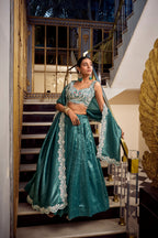 Lorenvalley Teal Gold Crush Fabric Plain Lehenga with Sequins and Thread Embroidery with Jarkan Diamond Work Choli and Dupatta