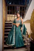 Lorenvalley Teal Gold Crush Fabric Plain Lehenga with Sequins and Thread Embroidery with Jarkan Diamond Work Choli and Dupatta