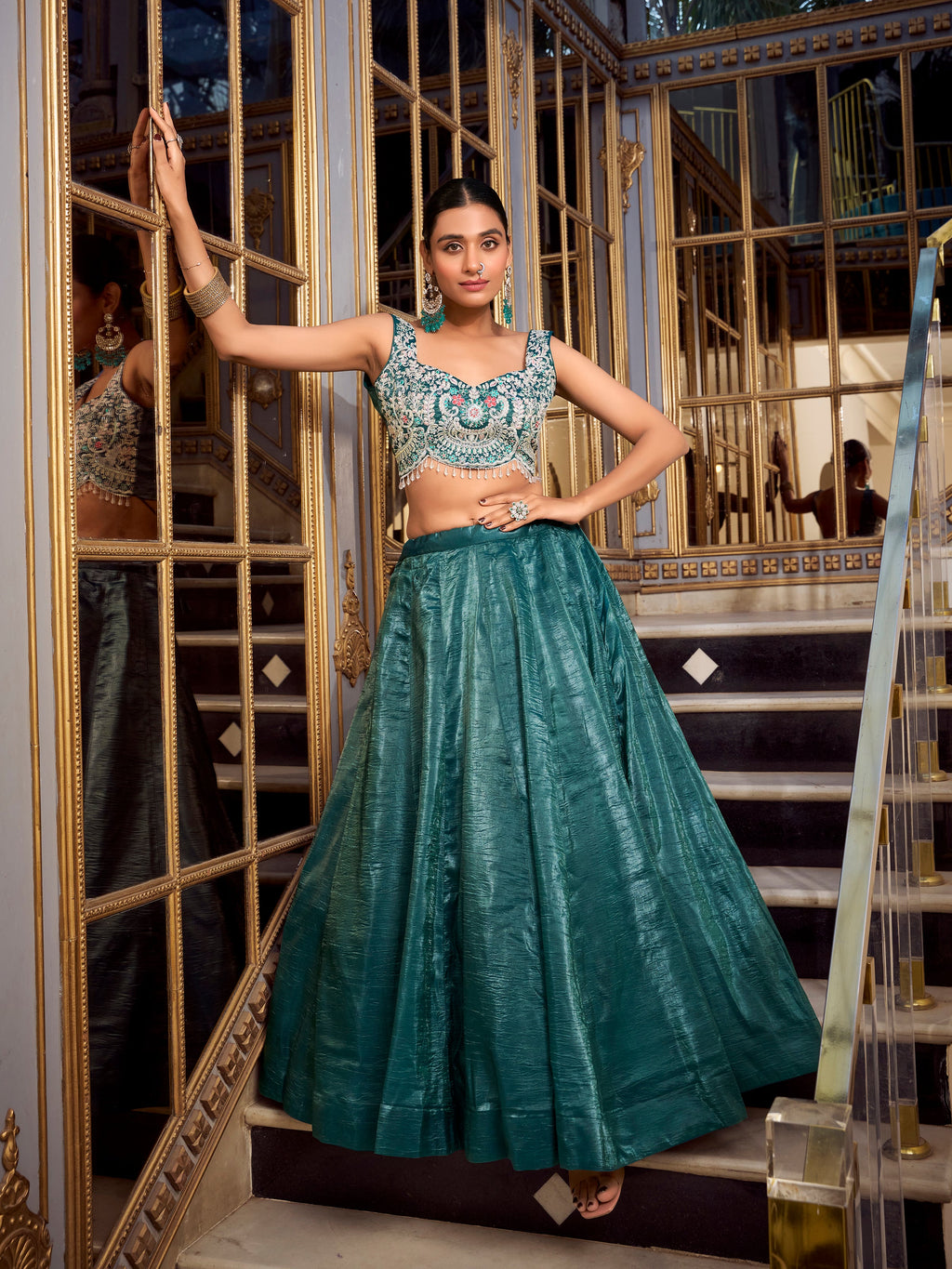 Lorenvalley Teal Gold Crush Fabric Plain Lehenga with Sequins and Thread Embroidery with Jarkan Diamond Work Choli and Dupatta