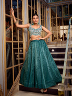 Lorenvalley Teal Gold Crush Fabric Plain Lehenga with Sequins and Thread Embroidery with Jarkan Diamond Work Choli and Dupatta